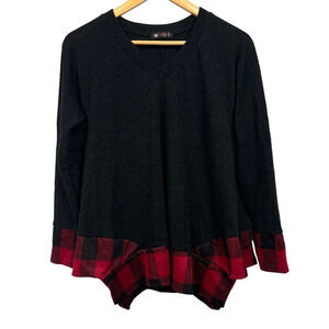 Vision USA Sweater Womens Size Small Black Red Buffalo Plaid Trim Long Sleeve